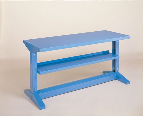 A simple, light blue metal workbench with a flat tabletop and a single lower shelf. The bench has sturdy, angled legs and a minimalistic design, set against a plain beige background.