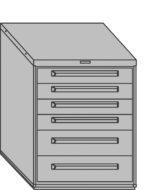 Illustration of a gray, five-drawer filing cabinet with a flat top. Each drawer has a handle for opening. The cabinet is slightly angled to show its side and front.