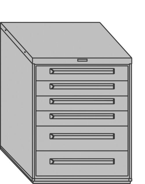 Illustration of a gray, five-drawer filing cabinet with a flat top. Each drawer has a handle for opening. The cabinet is slightly angled to show its side and front.