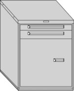Illustration of a gray, two-drawer filing cabinet. The cabinet features a smaller top drawer and a larger bottom drawer, both with simple, rectangular handles. The design is minimalistic and angular.