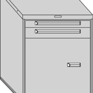 Illustration of a gray, two-drawer filing cabinet. The cabinet features a smaller top drawer and a larger bottom drawer, both with simple, rectangular handles. The design is minimalistic and angular.