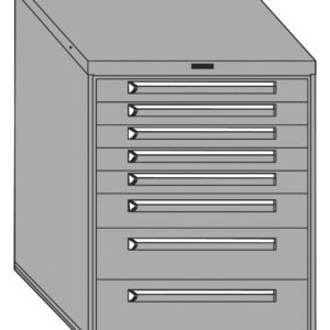 Illustration of a gray, metal filing cabinet with eight drawers. The cabinet has a flat top and is viewed from a slight angle, showing both the front and one side. Each drawer has a recessed handle.