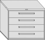 Illustration of a rectangular, three-drawer filing cabinet with horizontal handles. The design is simple and monochromatic, showing a front view with a slight angle to reveal one side.