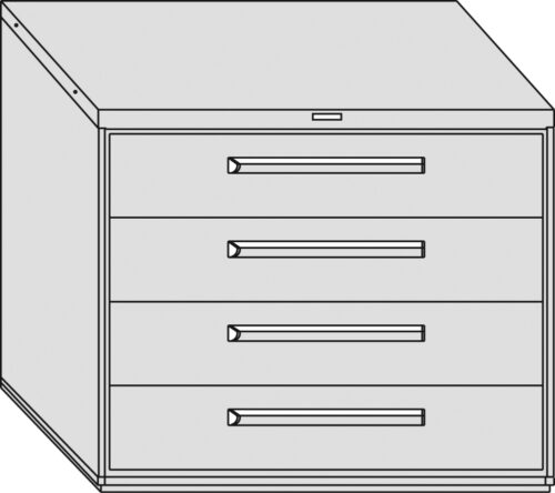 Illustration of a rectangular, three-drawer filing cabinet with horizontal handles. The design is simple and monochromatic, showing a front view with a slight angle to reveal one side.