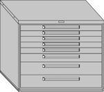 Illustration of a gray, multi-drawer filing cabinet with nine drawers, featuring horizontal handle designs. The cabinet has a simple, boxy shape and is shown from a slight angle.