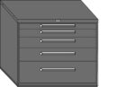 Illustration of a gray metal filing cabinet with five horizontal drawers, each featuring a silver handle. The cabinet has a boxy design and is shown from an angle, highlighting its depth and compact size.
