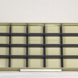 An empty beige display shelf with multiple rows and columns of compartments, aligned against a plain white background. The shelf has dark horizontal dividers and is designed for organizing items.