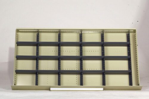 48-24F-8976.jpg An empty beige display shelf with multiple rows and columns of compartments, aligned against a plain white background. The shelf has dark horizontal dividers and is designed for organizing items.