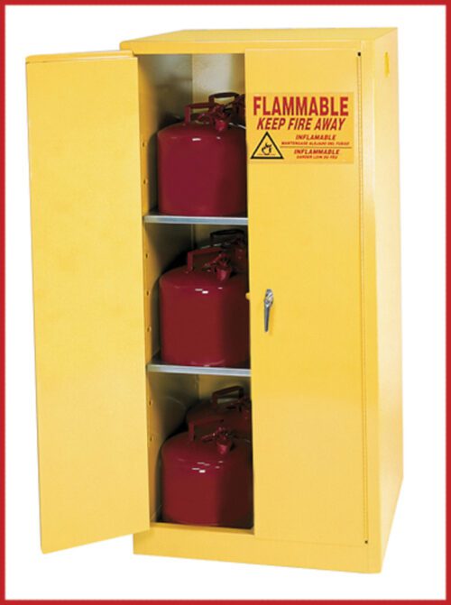 Yellow cabinet with a partially open door reveals three red fuel cans on shelves. A warning label reads Flammable, Keep Fire Away. This chemical storage cabinet ensures safe storage for flammable materials.