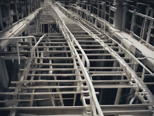 A complex metal network covered in frost forms an intricate industrial pattern, with ships ladders ascending steeply, enhancing the icy atmosphere and suggesting a storage or manufacturing facility in freezing conditions.