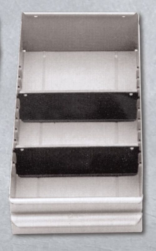 8553-8563.jpg A three-tiered, wall-mounted metal shelf with two black dividers separating the compartments. The shelves are grey, and the unit appears industrial, likely used for organizing tools or materials. Its set against a plain background.