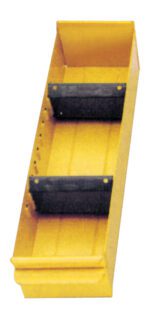 Yellow storage bin with two black dividers and a smooth surface. Designed for organizing tools or small parts, it features a raised back and open front for easy access.