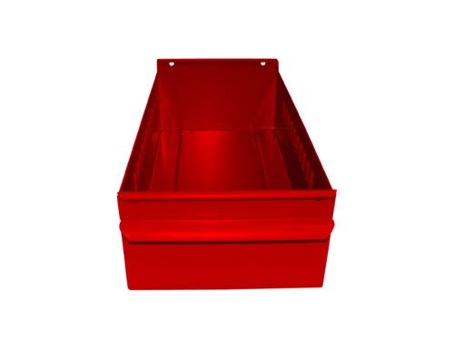8564_Red.jpg Red rectangular metal storage bin with high sides and an open top, viewed from the front. The bin has two small holes near the top edge on the back side.