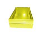 A bright yellow, open-top metal storage bin with a rectangular shape and reinforced edges, designed for organizing small items. The sides have slots for customization or airflow.