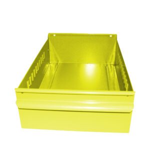 A bright yellow, open-top metal storage bin with a rectangular shape and reinforced edges, designed for organizing small items. The sides have slots for customization or airflow.