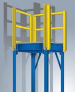 Illustration of a yellow and blue industrial safety gate on a platform with guardrails. The gate is elevated on blue support legs, with parts of its structure highlighted in yellow for visibility. A shadow of the gate is cast on the gray background.