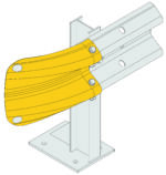 An illustration displays a metallic beam structure with a vertical support, featuring the yellow MH-USA Armco Fishtail Safety End panel secured by bolts. The flat rectangular base includes holes for mounting.