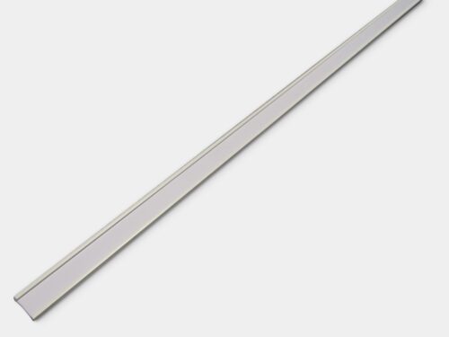 A long, thin metal strip with a flat, slightly reflective surface resembles the sleek design of an MH-USA Self-Adhesive Label Holder - White, measuring H.0.59 in. x W.39.37 in., positioned diagonally on a white background.