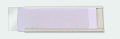 A white, unfolded envelope with a transparent window on the left evokes the pristine look of an MH-USA Self-Adhesive Label Holder, showcased against a light grey background.