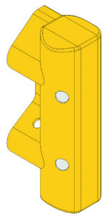 Illustration of a yellow MH-USA Armco Pedestrian Safety End with an L-shape and rounded edges. It shows two circular holes on its vertical side and one on the horizontal side, highlighting its technical design.