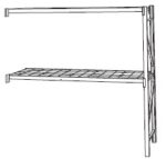 Illustration of a wall-mounted metal shelf with two horizontal levels, supported by a single vertical frame on one side. The shelves resemble wire mesh cages with their grid pattern, and the structure appears minimalist.
