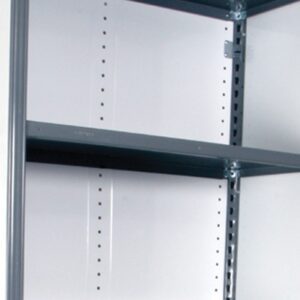 A metal storage cabinet with three shelves. The shelves are adjustable, indicated by multiple holes along the inside frame. The cabinet is open and empty, with a sleek, industrial design.