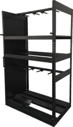 A black metal server rack with multiple adjustable shelves and slots for cable management. The frame is open on all sides, allowing for easy access and airflow.