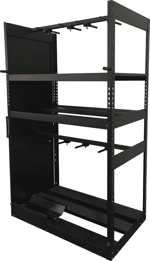 BlackRack.png A black metal server rack with multiple adjustable shelves and slots for cable management. The frame is open on all sides, allowing for easy access and airflow.