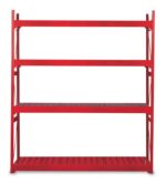 A red metal shelving unit with four shelves. The structure is sturdy and industrial in design, suitable for storage or organization purposes. The shelves are equally spaced, and the entire unit is empty, against a white background.