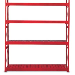 A red metal shelving unit with four shelves. The structure is sturdy and industrial in design, suitable for storage or organization purposes. The shelves are equally spaced, and the entire unit is empty, against a white background.