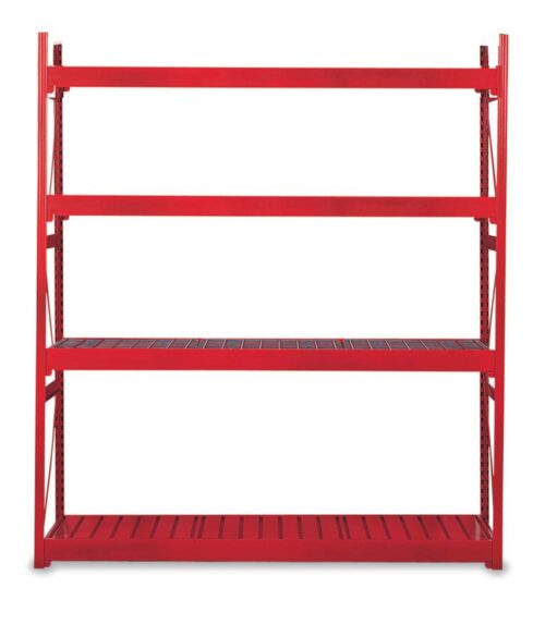 Bulk20rack20starter20420lvl20cherry20red.jpg A red metal shelving unit with four shelves. The structure is sturdy and industrial in design, suitable for storage or organization purposes. The shelves are equally spaced, and the entire unit is empty, against a white background.