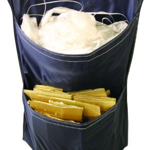 The MH-USA Racksack Rollcage - 2 Pockets is a versatile blue recycling bag with crumpled plastic bags in the upper pocket and flattened cardboard in the lower. Designed with hanging eyelets, it efficiently manages recyclables.