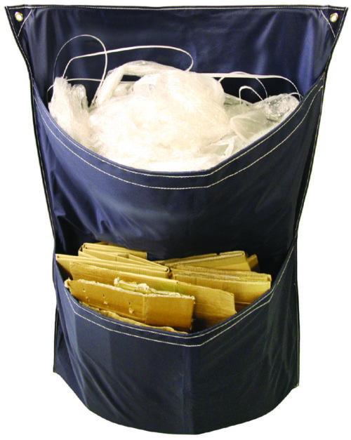 C2B_02.jpg The MH-USA Racksack Rollcage - 2 Pockets is a versatile blue recycling bag with crumpled plastic bags in the upper pocket and flattened cardboard in the lower. Designed with hanging eyelets, it efficiently manages recyclables.