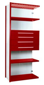 Red and white shelving unit with multiple shelves and four red drawers, featuring a red wire top shelf.