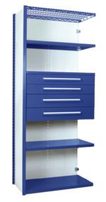 A tall storage cabinet with a blue and white design. It features a wire top shelf, three open shelves, and three middle drawers with handles. The cabinet is standing on a white background.
