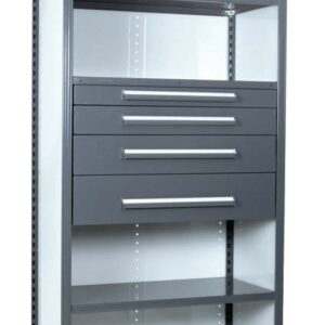 A tall, metal storage cabinet with a gray frame and a wire top shelf. It features two open shelves, three closed drawers with handles, and two glass side panels. The design is industrial and functional.