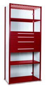 Red and white metal storage cabinet with five drawers and two open shelves. The cabinet features a perforated top and sleek handles. The design is modern and functional.