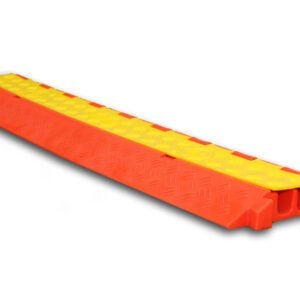 The TCT 2 - Channel Heavy Duty Cable Protector, featuring a red and yellow design with a textured surface, is perfect for organizing cables. Its open yellow lid reveals two spacious channels for effective cable management and protection.