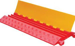 The TCT 3 - Channel Heavy Duty Cable Protector is a red and yellow plastic cover with a hinged lid and a textured, non-slip surface for enhanced safety.