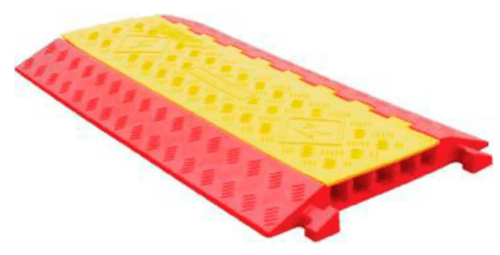 Meet the TCT 5-Channel Heavy Duty Cable Protector, a sturdy red and yellow ramp with a textured diamond pattern surface. Its yellow top and red sides protect ground cables while offering superior traction.