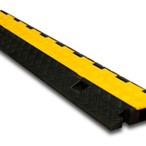 Meet the TCT 2 - Channel Light Duty Cable Protector: a black-and-yellow, elongated design with a textured surface that shields cables and reduces tripping risks. It features a central yellow strip framed by durable black sections for enhanced safety.