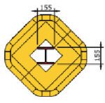 The technical diagram depicts the MH-USA Polywrap Column Protector, a yellow, diamond-shaped object with a central square cutout; top and right sides are 155 units each, matching dimensions H.5.98 in. x W.5.98 in.