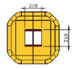 Diagram of a yellow geometric shape, similar to the MH-USA Polywrap Column Protector (H.7.99 in. x W.7.99 in.), features a rounded square with thick borders and an inner smaller square. Measurements of 210 units are labeled vertically and horizontally from the inner to outer edge.