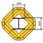 An illustration of a beehive-inspired hexagonal structure showcases the MH-USA Polywrap Column Protector - H.10.0 in. x W.10.0 in., with yellow sections surrounding a central red I-beam and outer square dimensions labeled 265 units, complementing the protectors 254mm size.