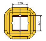 A square with rounded corners, resembling an MH-USA Polywrap Column Protector - H.12.01 in. x W.12.01 in., measures 370 by 320 units, featuring an inner square with symmetrical lines, yellow with black outlines and measurement indicators.