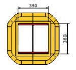 A diagram shows the top view of an MH-USA Polywrap Column Protector, a square object with rounded corners in yellow. Two intersecting lines create four sections, and dimensions are marked on its top and right sides as H.14.02 in. x W.14.49 in.