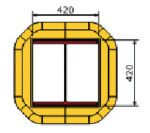 A diagram shows a rounded yellow square labeled 420 units per side, resembling an MH-USA Polywrap Column Protector (H.15.98 in. x W.15.98 in.), with a white center and a red vertical line dividing it.