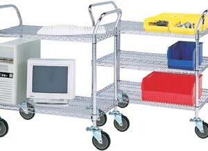 A metal utility cart on wheels with three shelves. The bottom shelf holds a computer tower and monitor. The top and middle shelves have plastic bins in yellow, blue, and red, containing small items.