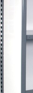 Tall, narrow shelving unit with a white interior and gray frame. The shelves inside are dark gray and evenly spaced. The perspective shows the side and part of the front of the unit.