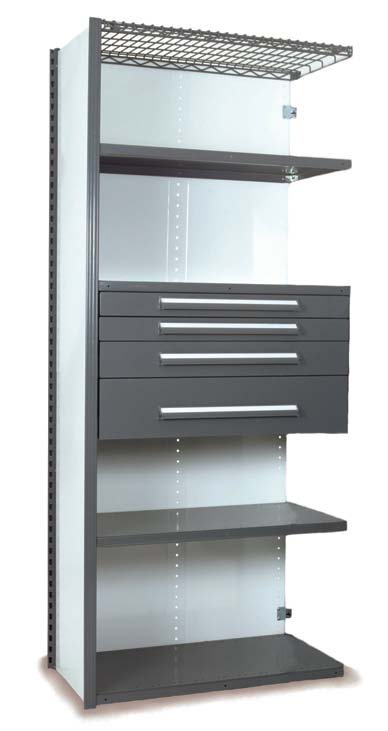 Closed20Preconfigured20Add20On20Unit202203201204201207_OFFICE20GRAY.jpg Tall metal storage shelf unit with a wire rack on top, four adjustable shelves, and four horizontal drawers in the middle section. The structure is gray and white.